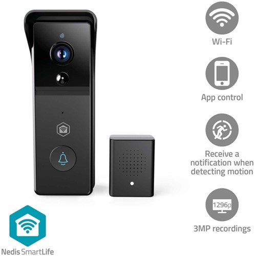 Videodeurbel Nedis Wifi 3MP Full HD zwart 1 Stuk-1