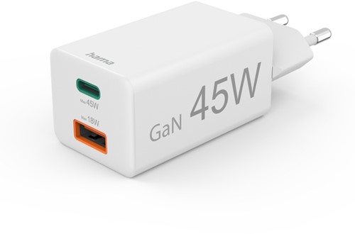 Oplader Hama USB-C/USB-A Mini PD 45W wit 1 Stuk