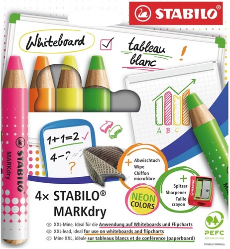 Whiteboardpotlood STABILO MARKdry 4st neon kleuren 6 Stuk