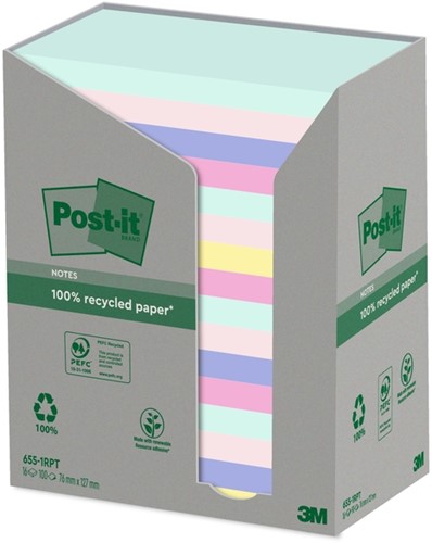 Memoblok Post-it 655RPT 76x127mm recycled rainbow 16 Stuk
