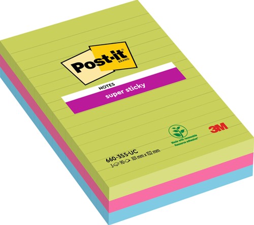 Memoblok Post-it 660 Super Sticky 102x152mm ass 3 Stuk