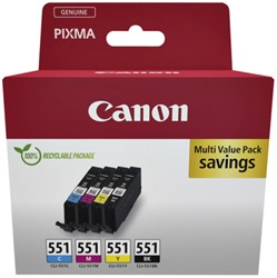 Inktcartridge Canon CLI-551 zwart + 3 kleuren 4 Stuk
