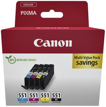 Inktcartridge Canon CLI-551 zwart + 3 kleuren 4 Stuk