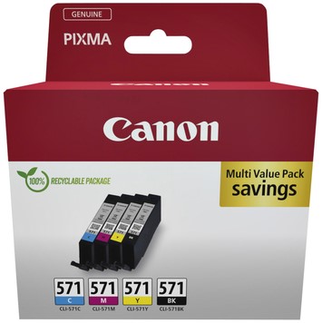 Inktcartridge Canon CLI-571 zwart + 3 kleuren 4 Stuk