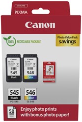 Inktcartridge Canon PG-545 CL-546 zw + kl + papier 2 Stuk