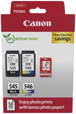 Inktcartridge Canon PG-545 CL-546 zw + kl + papier 2 Stuk