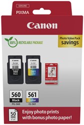 Inktcartridge Canon PG-560 CL-561 zw + kl + papier 2 Stuk