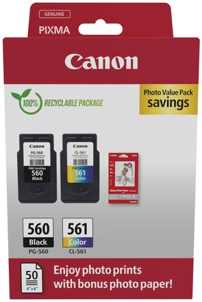 Inktcartridge Canon PG-560 CL-561 zw + kl + papier 2 Stuk