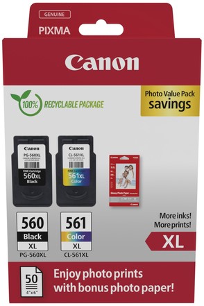 Inktcartridge Canon PG-560XL CL-561XL + papier 3 Stuk