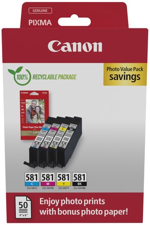 Inktcartridge Canon CLI-581 zwart + 3 kleuren 4 Stuk