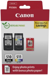 Inktcartridge Canon PG-510 CL-511 zw + kl + papier 2 Stuk