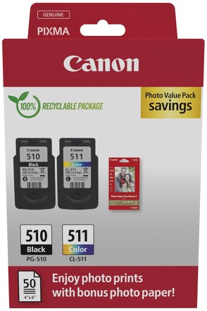 Inktcartridge Canon PG-510 CL-511 zw + kl + papier 2 Stuk