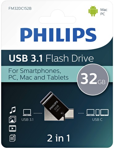 USB stick 3.1 Philips 2in1 USB-C USB-A 32GB zwart 1 Stuk-2