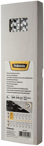 Bindrug Fellowes 6mm 21rings A4 wit 100 stuks