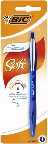 Balpen Bic Atlantis soft metalen clip clic medium blauw bister à 1st
