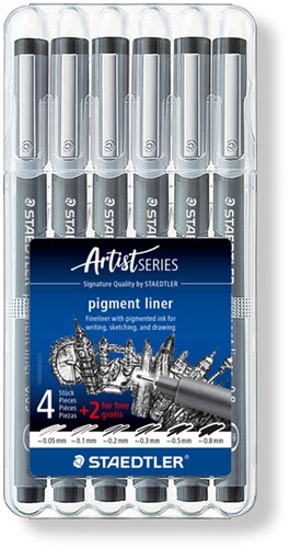 Fineliner Staedtler pigment 308 ass schrijfbr zw 6 Stuk