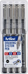 Fineliner Artline technisch 0.2-0.4-0.6-0.8mm zw 4 Stuk