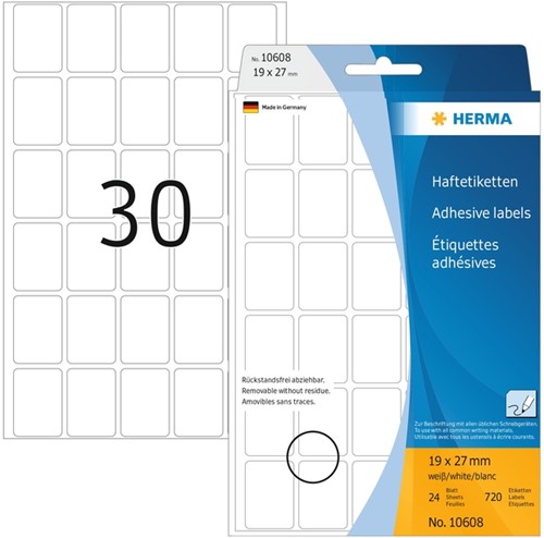 Etiket HERMA 10608 19x27mm verwijderbaar wit 720 stuks