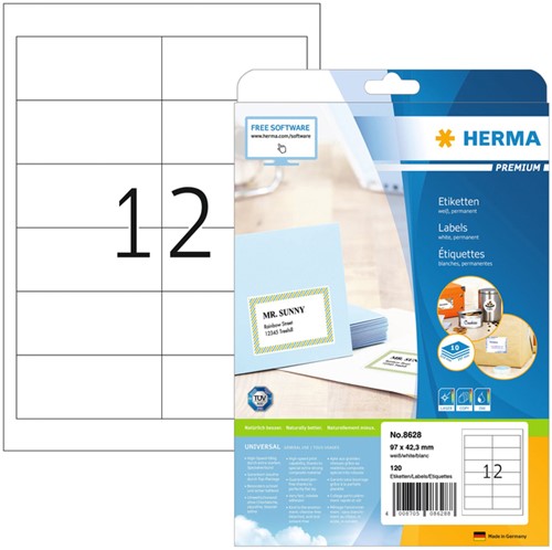 Etiket HERMA 8628 97x42.3mm premium wit 120st 10 Vel