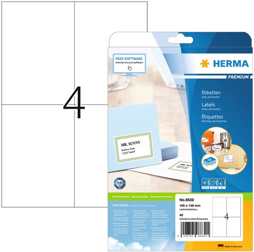 Etiket HERMA 8630 105x148mm premium wit 40st 10 Vel