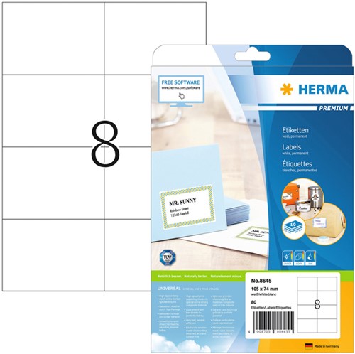 Etiket HERMA 8645 105x74mm premium wit 80st 10 Vel