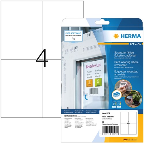Etiket HERMA 4576 105x148mm folie wit 80st 20 Vel