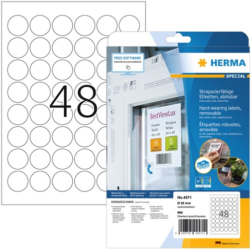 Etiket HERMA 4571 30mm rond folie wit 960stuks 20 Vel