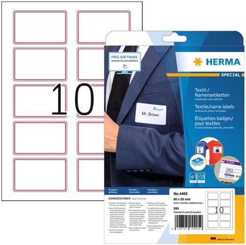 Naambadge etiket HERMA 4405 80X50mm wit rood 200st 20 Vel