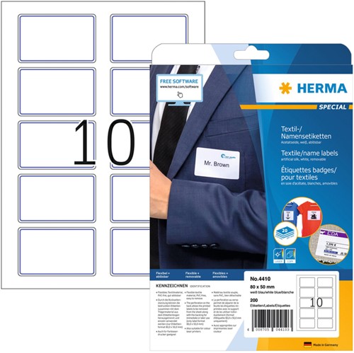 Naambadge etiket HERMA 4410 80x50 wit blauw 200st 20 Vel