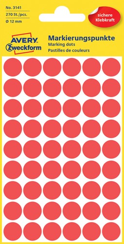 Etiket Avery 3141 rond 12mm rood 270 stuks