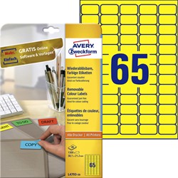 Etiket Avery L4793-20 38.1x21.2mm geel 1300 st 20 Vel