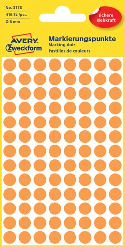 Etiket Avery 3178 rond 8mm oranje 416st 4 Vel