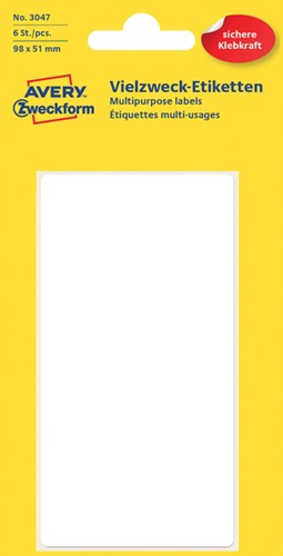 Etiket Avery 3047 98x51mm wit 6st 6 Vel