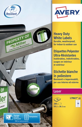Etiket Avery L7063-20 99.1x38.1mm polyester wit 280 stuks