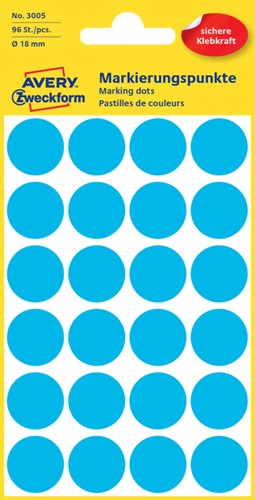Etiket Avery 3005 rond 18mm blauw 96st 4 Vel