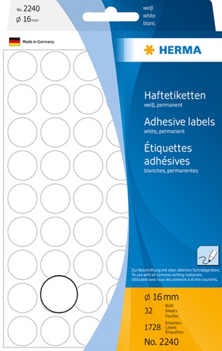 Etiket HERMA 2240 rond 16mm wit 1728 stuks