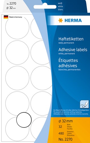 Etiket HERMA 2270 rond 32mm wit 480 stuks