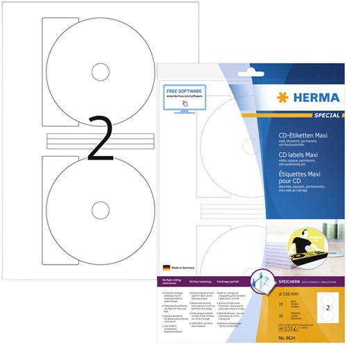 Etiket HERMA 8624 CD 116mm wit opaqua 20st 10 Vel