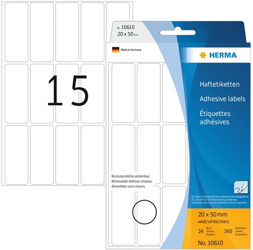 Etiket HERMA 10610 20x50mm verwijderbaar wit 360st 24 Vel