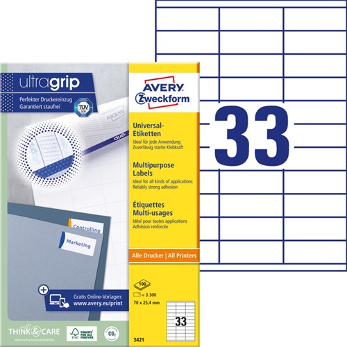 Etiket Avery 3421 70x25.4mm wit 3300 stuks-2