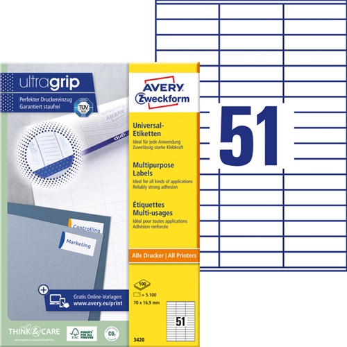 Etiket Avery 3420 70x16.9mm wit 5100 stuks-2
