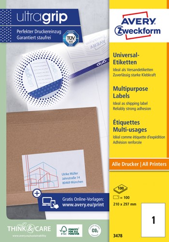 Etiket AZ 3478 210x297mm A4 wit 100stuks 100 Vel