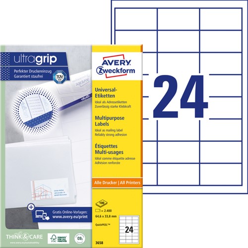 Etiket Avery 3658 64.6x33.8mm wit 2400 stuks-2