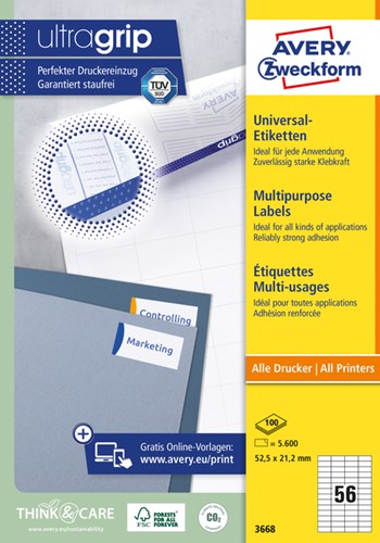Etiket Avery 3668 52.5x21.2mm wit 5600st 100 Vel