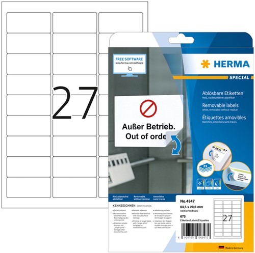 Etiket HERMA 4347 63.5x29.6mm verwijderb wit 675st 25 Vel