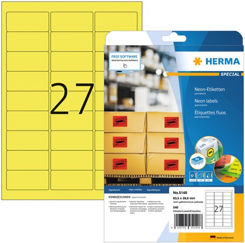Etiket HERMA 5140 63.5x29.6mm neon geel 540stuks 20 Vel