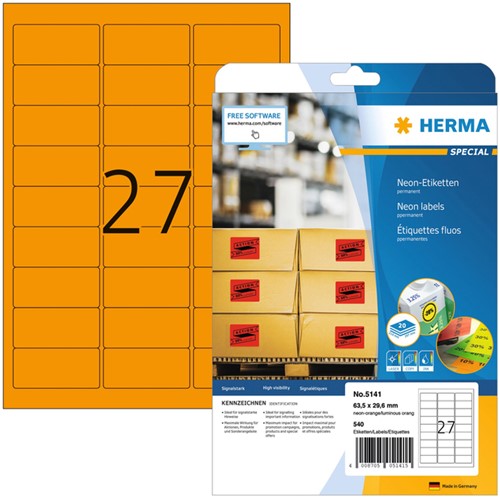 Etiket HERMA 5141 63.5x29.6mm neon oranje 540stuks 20 Vel