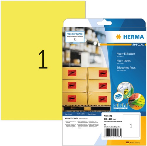 Etiket HERMA 5148 210x297mm A4 fluor geel 20st 20 Vel