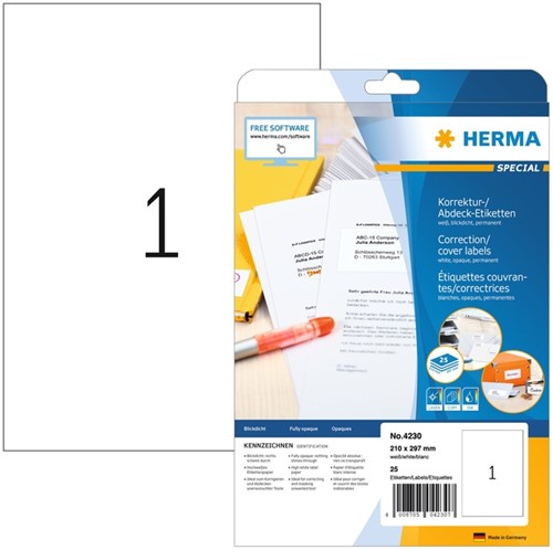 Etiket HERMA 4230 210x297mm A4 correctie wit 25st 25 Vel