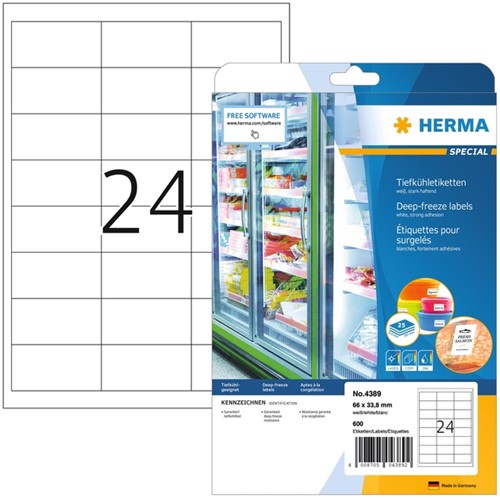 Etiket HERMA 4389 66x33.8mm diepvries 600stuks wit 25 Vel